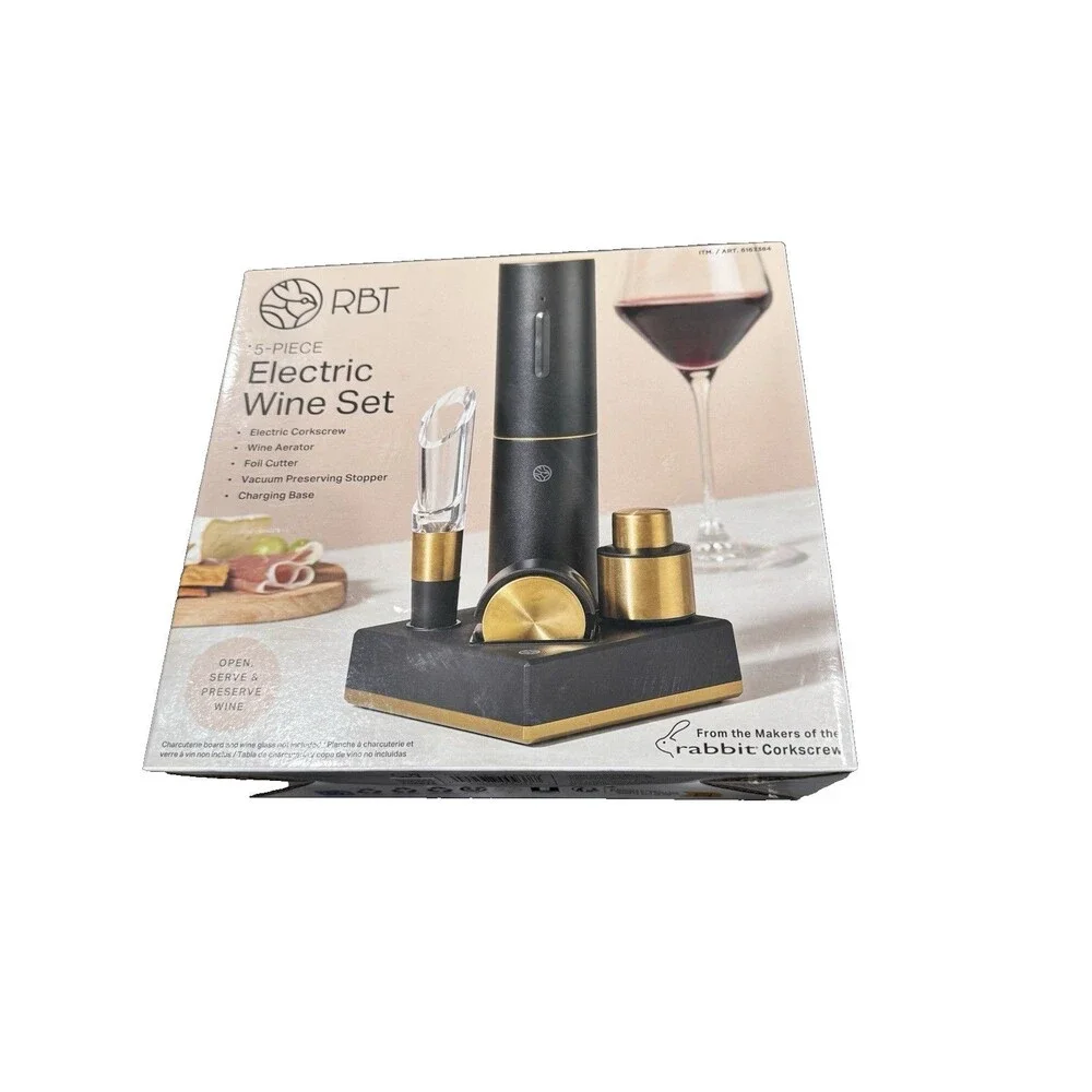 RBT 5 Piece Electric Wine Set Corkscrew Aerator Stopper Foil Cutter Base New